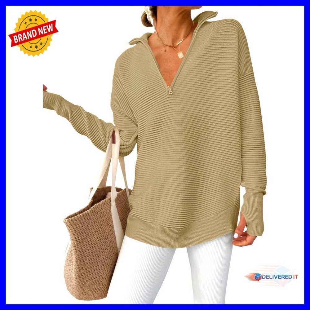 Long Sleeve Quarter Zip Pullover Ribbed Knit Loose Fit Preppy Casual Thumb Hole